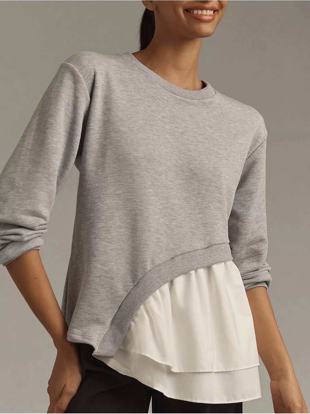 NWT maeve Anthropologie Asymmetrical Twofer Sweatshirt, Gray/White, Size XS